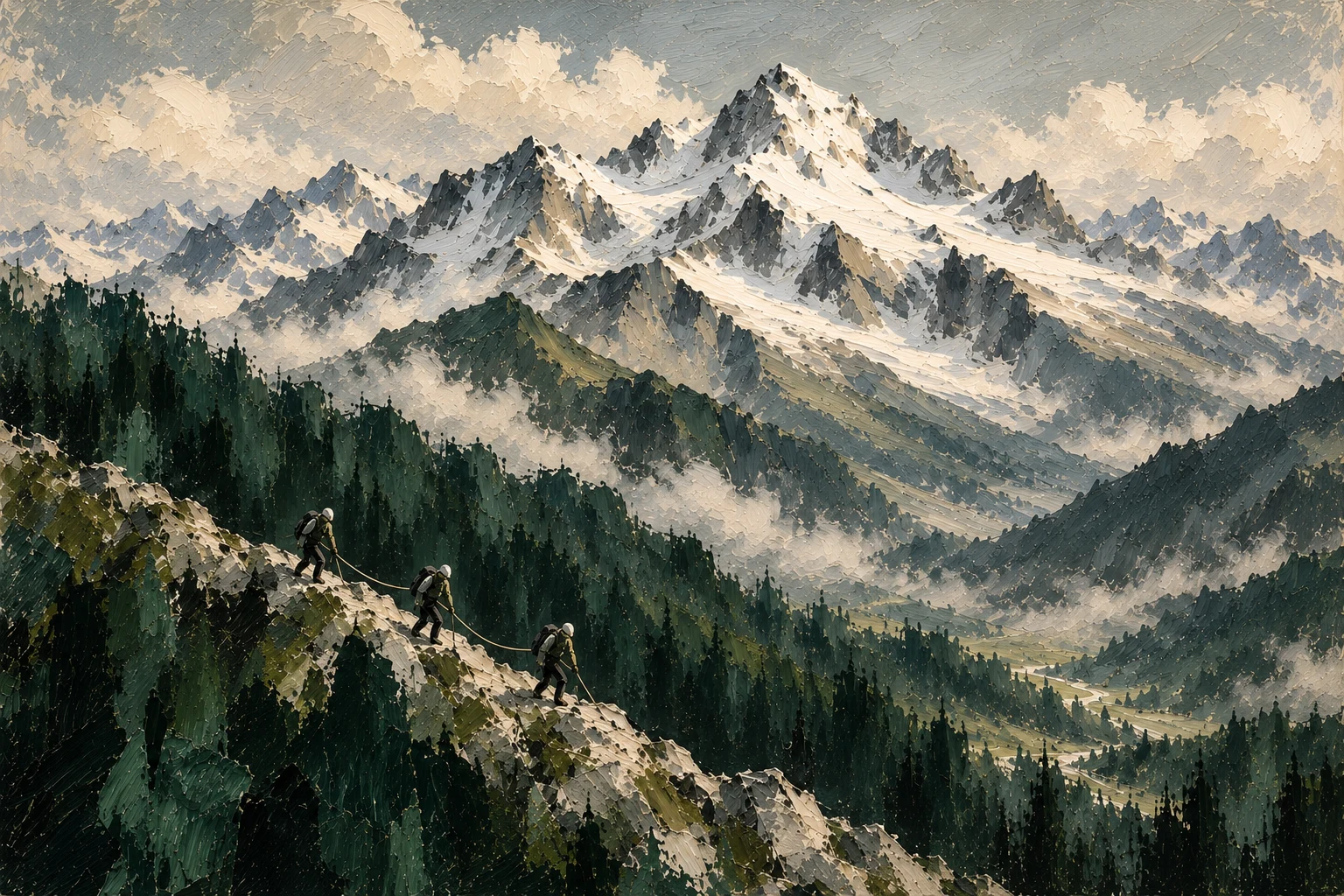 Alpines Kunstwerk mit Bergwanderern, Wald und verschneiten Gipfeln